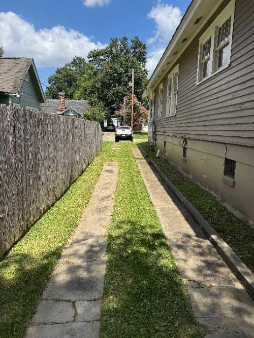 Weekly mowing brings out a thicker, greener cut along this walkway strip.
